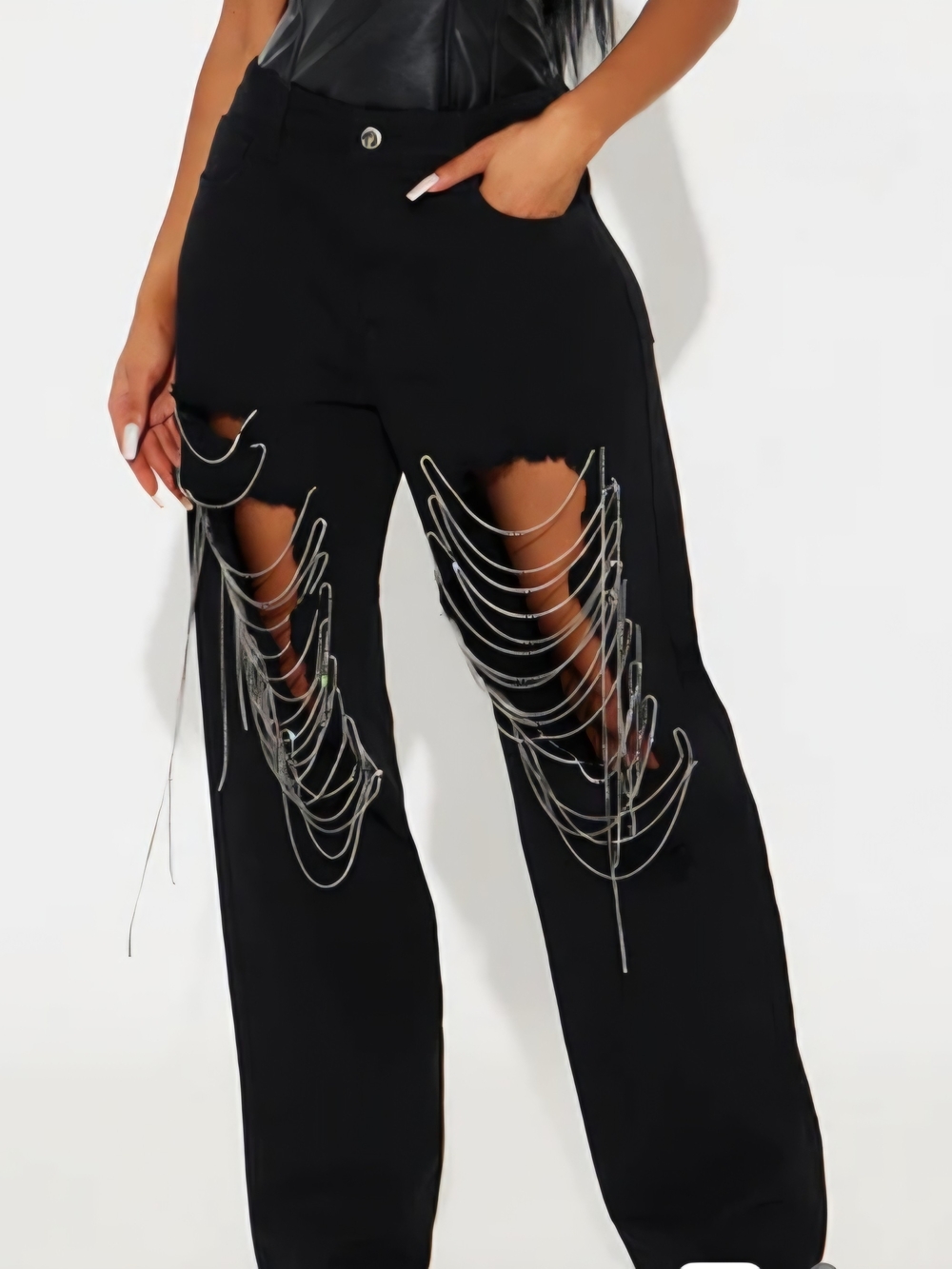 Wide-Leg Jeans Rhinestone Chain Detail - Picture 1 of 3